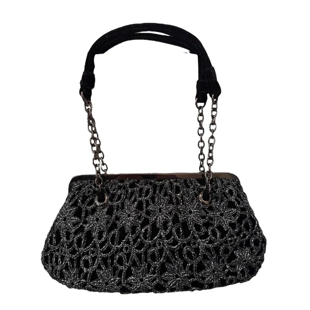 ADRIANNA PAPELL Black Velvet Lace Evening Bag